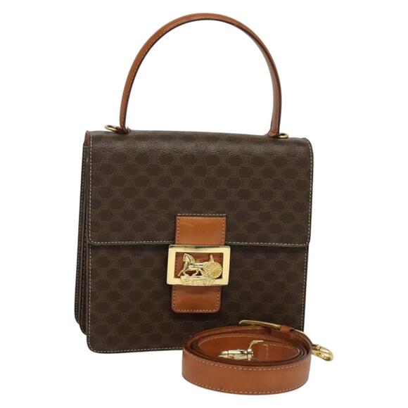 CELINE Macadam Canvas Hand Bag Pvc Leather Brown Gold - Picture 1 of 13